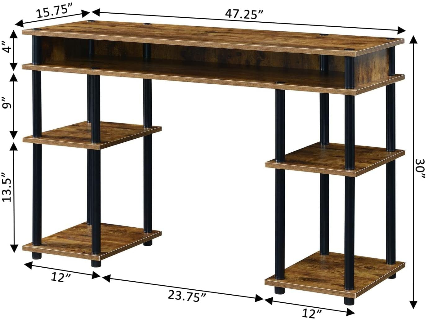 Barnwood/Black Student Desk with Shelves, No Tools