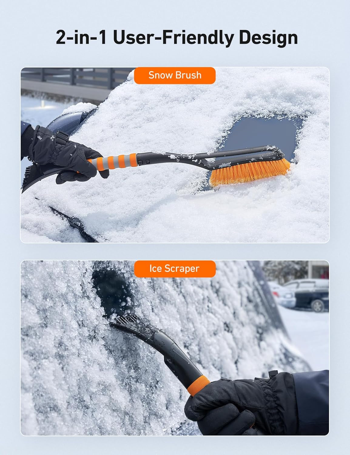 27" Snow Brush and Ice Scrapers for Car Windshield, Detachable Snow Scrapers with Ergonomic Foam Grip for Cars, Trucks, Suvs (Heavy Duty ABS, PVC Brush, Orange)