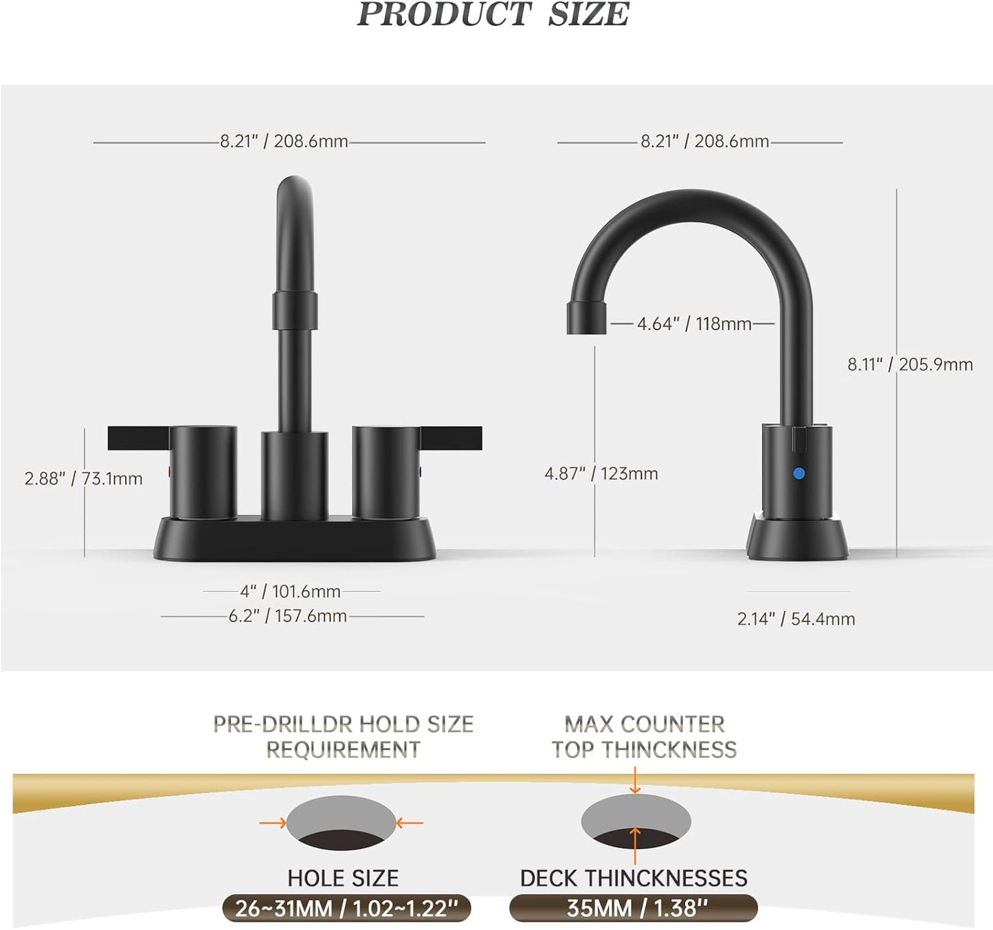 4 Inch 2 Handle Centerset Matte Black Lead-Free Modern Bathroom Faucet, 360 Swivel Spout 2-3 Hole RV Bathroom Vanity Sink Faucet with Pop up Drain and Water Supply Lines，Bf015-1-Mb