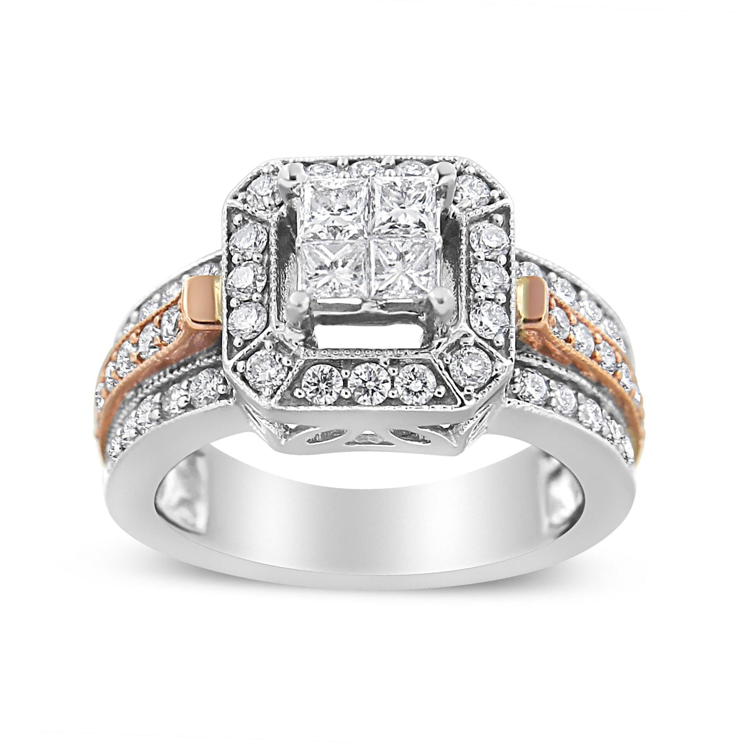 14K White and Rose Gold 1 1/8 Cttw Princess and Round-Cut Diamond Art