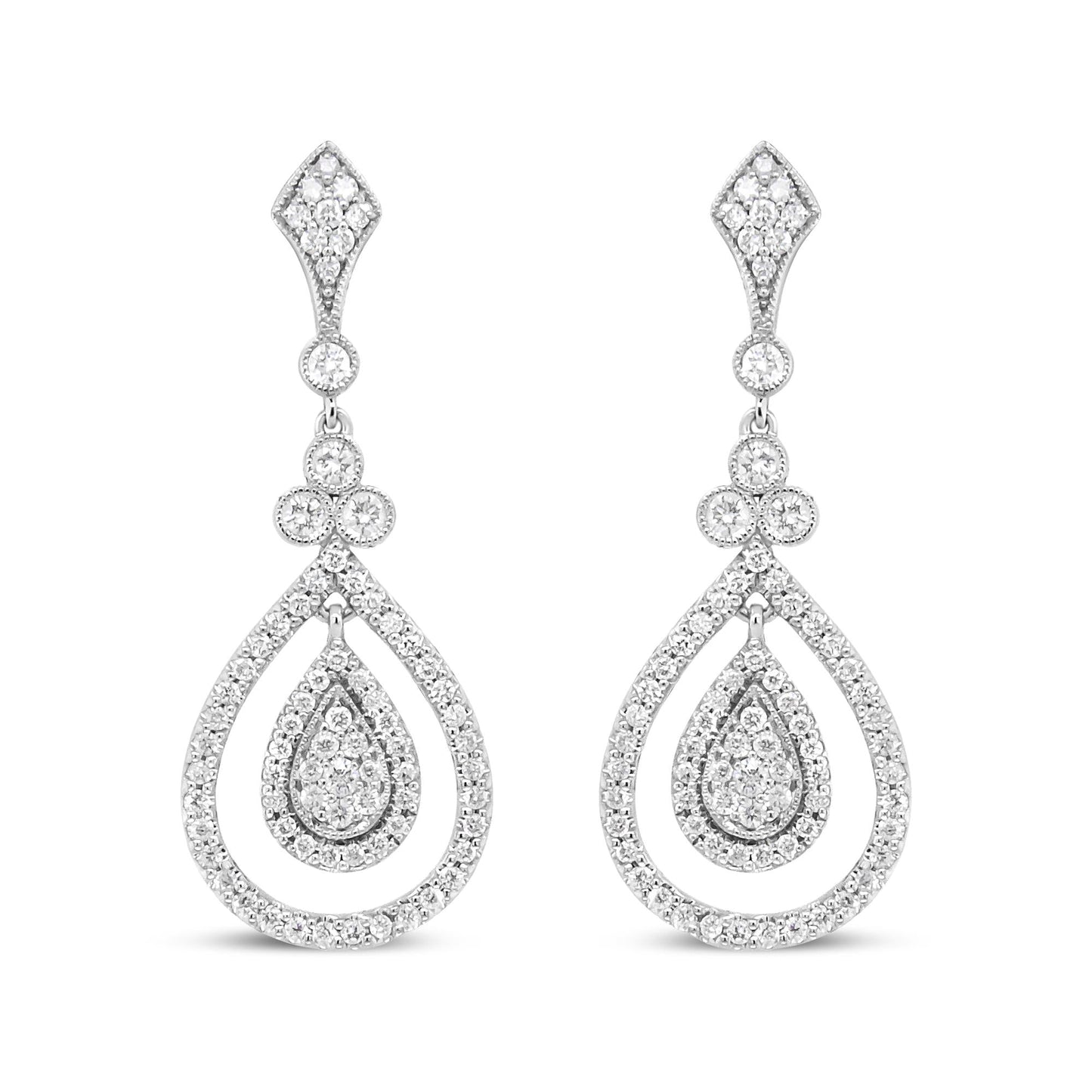 18K White Gold 1 1/4 Cttw Round Diamond Openwork Teardrop-Shaped Dangl