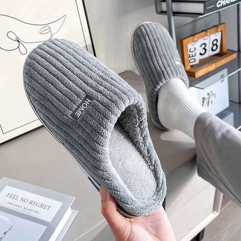 Elegant Solid Color Cotton Slippers for Winter - Non-Slip Plush Indoor Footwear for Couples and Women