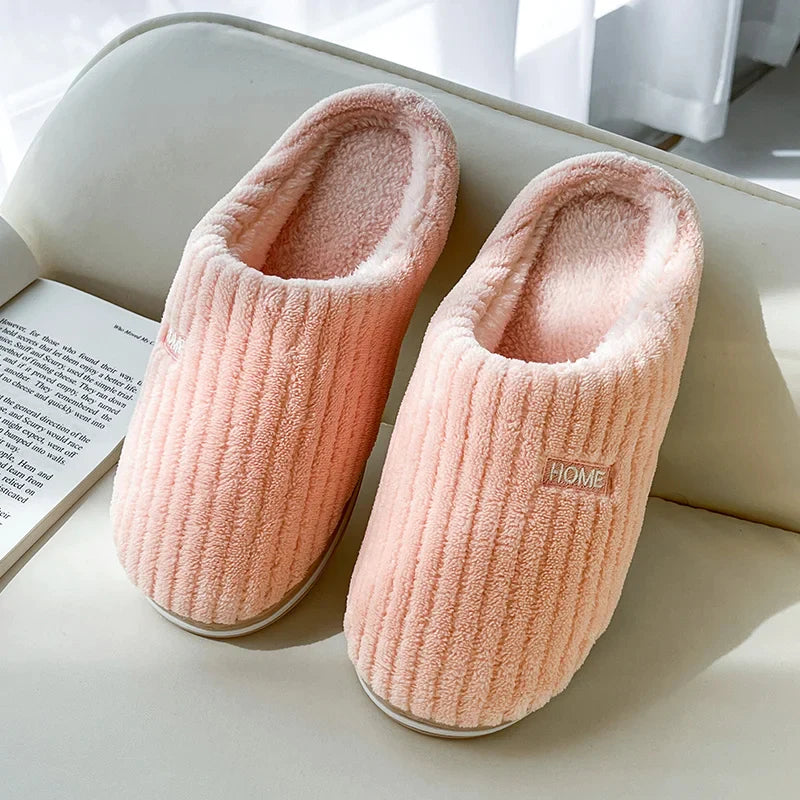 Elegant Solid Color Cotton Slippers for Winter - Non-Slip Plush Indoor Footwear for Couples and Women