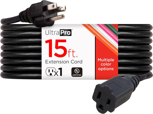 Outdoor Extension Cord, 15 Ft, Heavy Duty Extension Cord, Double Insulated, Grounded, 16 Gauge, 3 Prong Extension Cords, General Purpose Long Extension Cord, UL Listed, Black, 36824