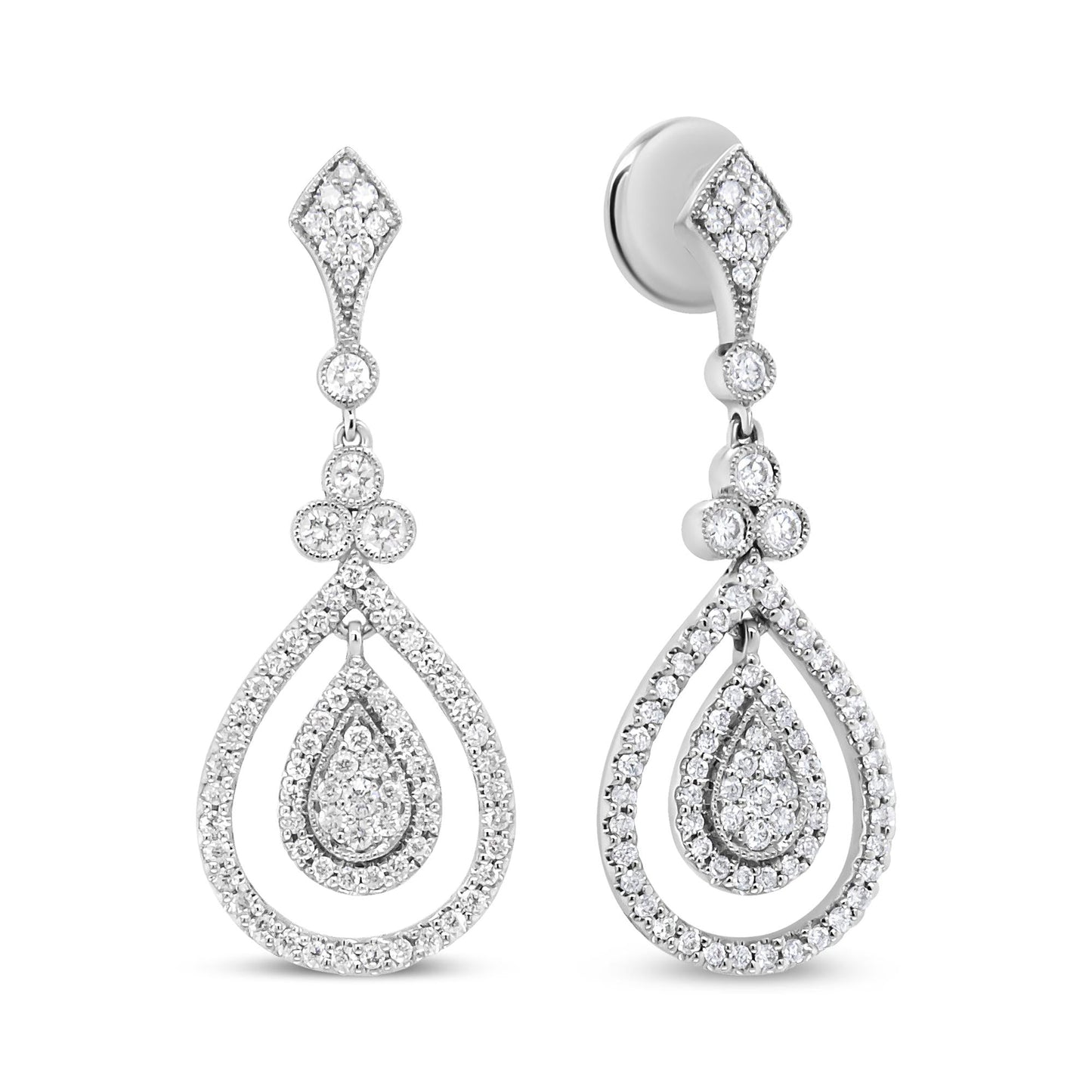 18K White Gold 1 1/4 Cttw Round Diamond Openwork Teardrop-Shaped Dangl