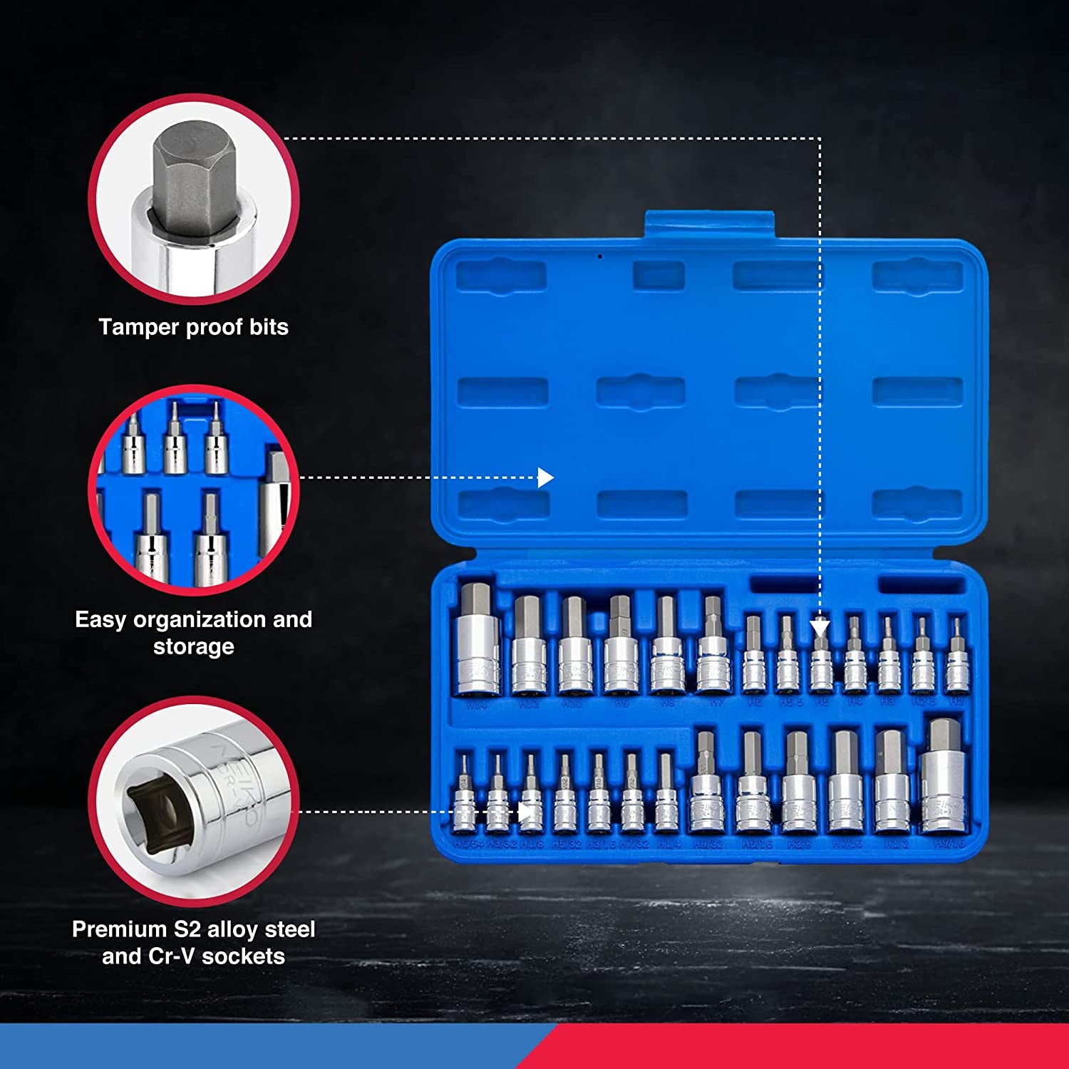 01144A Tamper-Proof Hex Bit Socket Set, 26 Pieces | SAE (5/64-9/16”) and Metric (2-14MM)