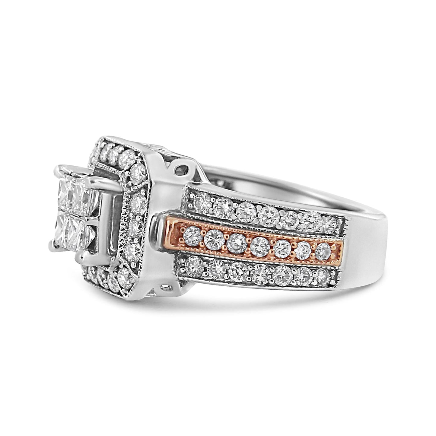 14K White and Rose Gold 1 1/8 Cttw Princess and Round-Cut Diamond Art