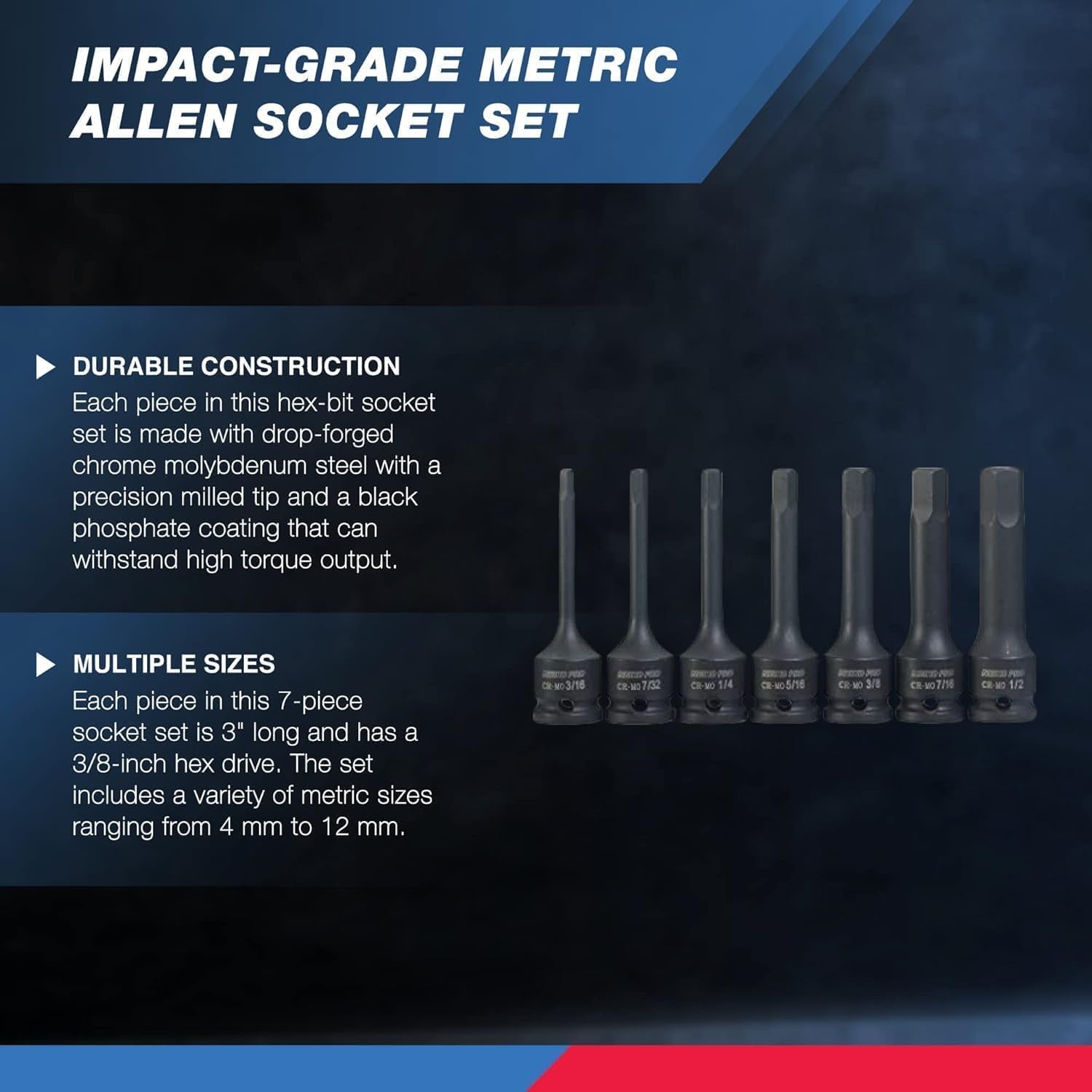 01130B 3/8" Drive Allen Socket Set, 7 Piece, 3 Inch, 3/8” Impact Hex Bit Socket Set, Metric Hex Driver 4 Mm to 12 Mm, Chrome-Moly Cr-Mo Impact Grade