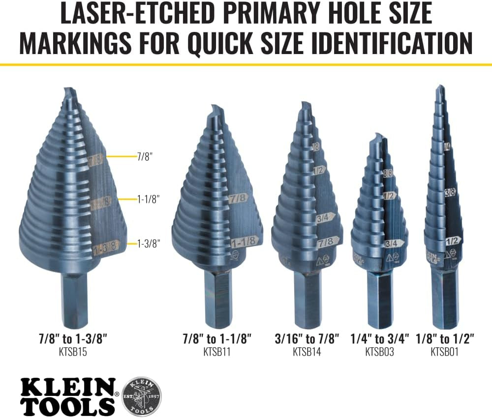 KTSB15 Step Drill Bit #15 Double Fluted 7/8 to 1-3/8-Inch with Easy-To-Read Step Markings and Targets, 3/8-Inch Hex Shank