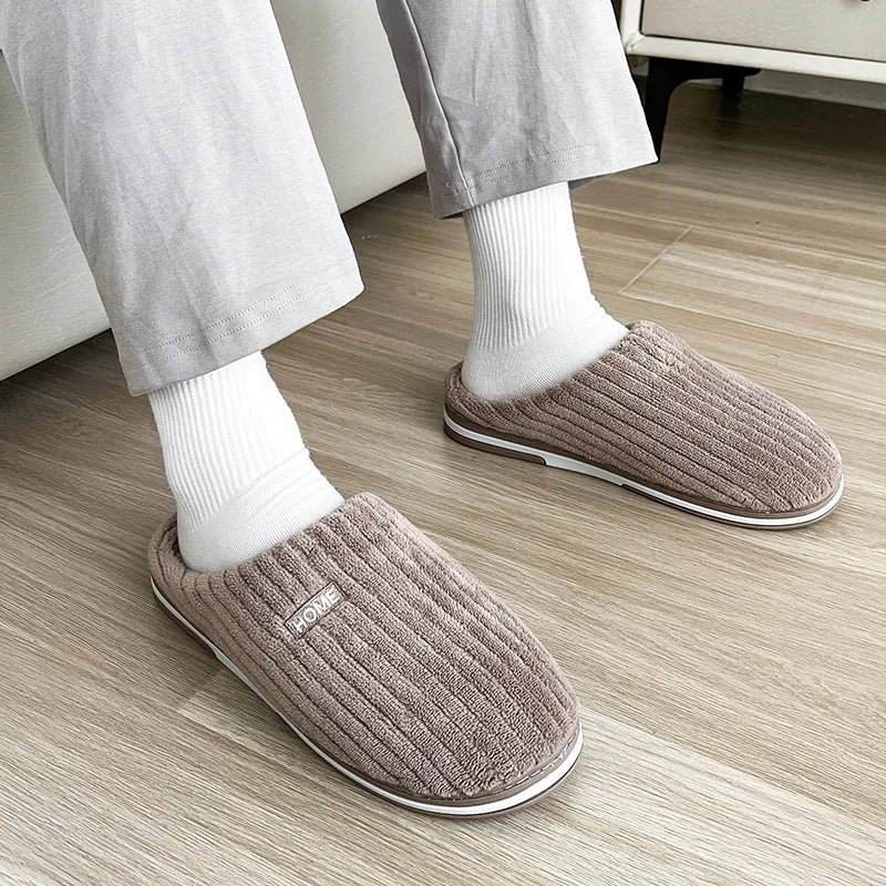 Elegant Solid Color Cotton Slippers for Winter - Non-Slip Plush Indoor Footwear for Couples and Women