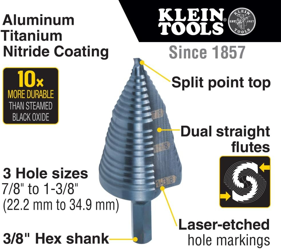 KTSB15 Step Drill Bit #15 Double Fluted 7/8 to 1-3/8-Inch with Easy-To-Read Step Markings and Targets, 3/8-Inch Hex Shank