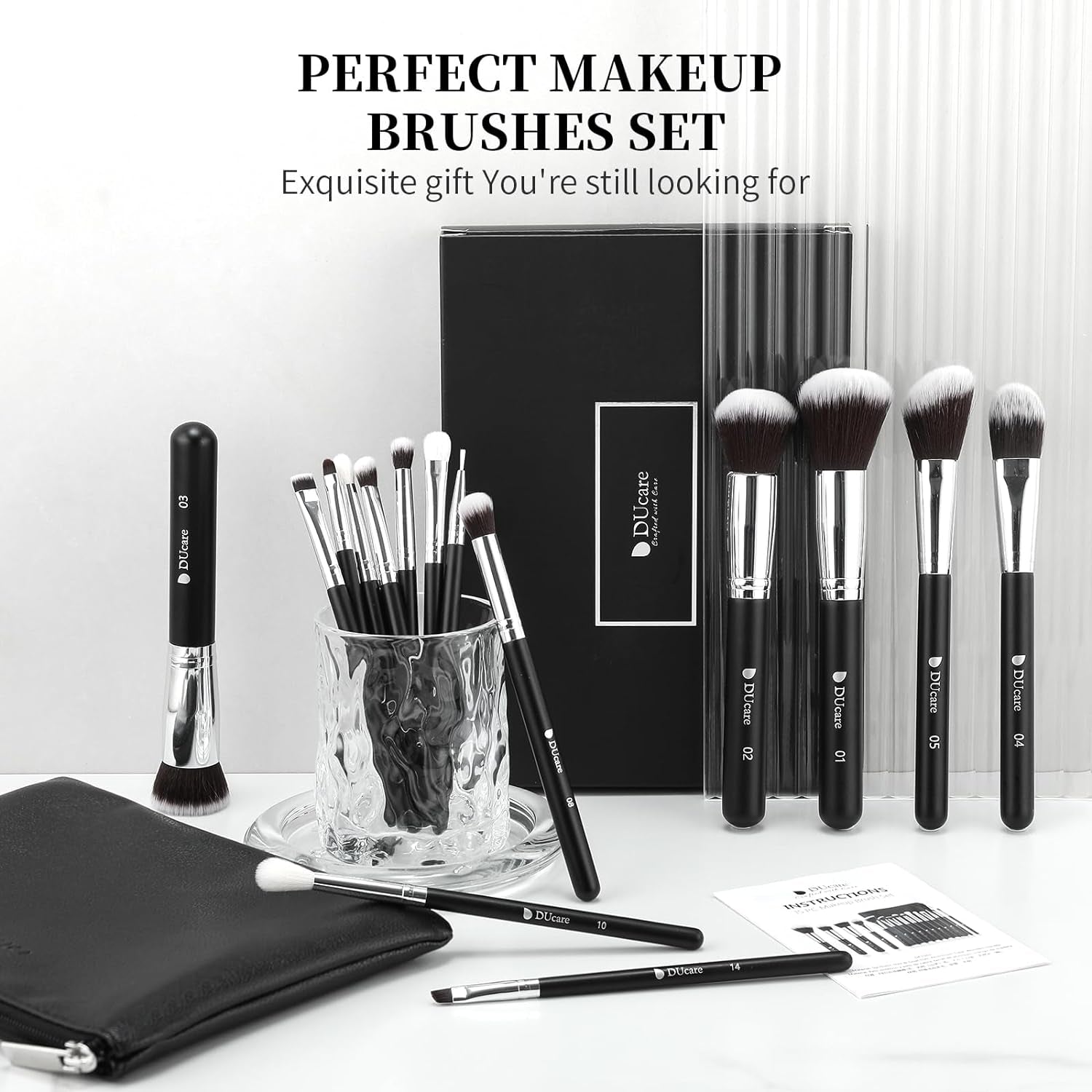 Makeup Brushes with Bag,15Pcs Makeup Brush Set Christmas Gift Travel Kabuki Foundation Blending Blush Eyeliner Shadow Brow Concealer Brushes Kit Black