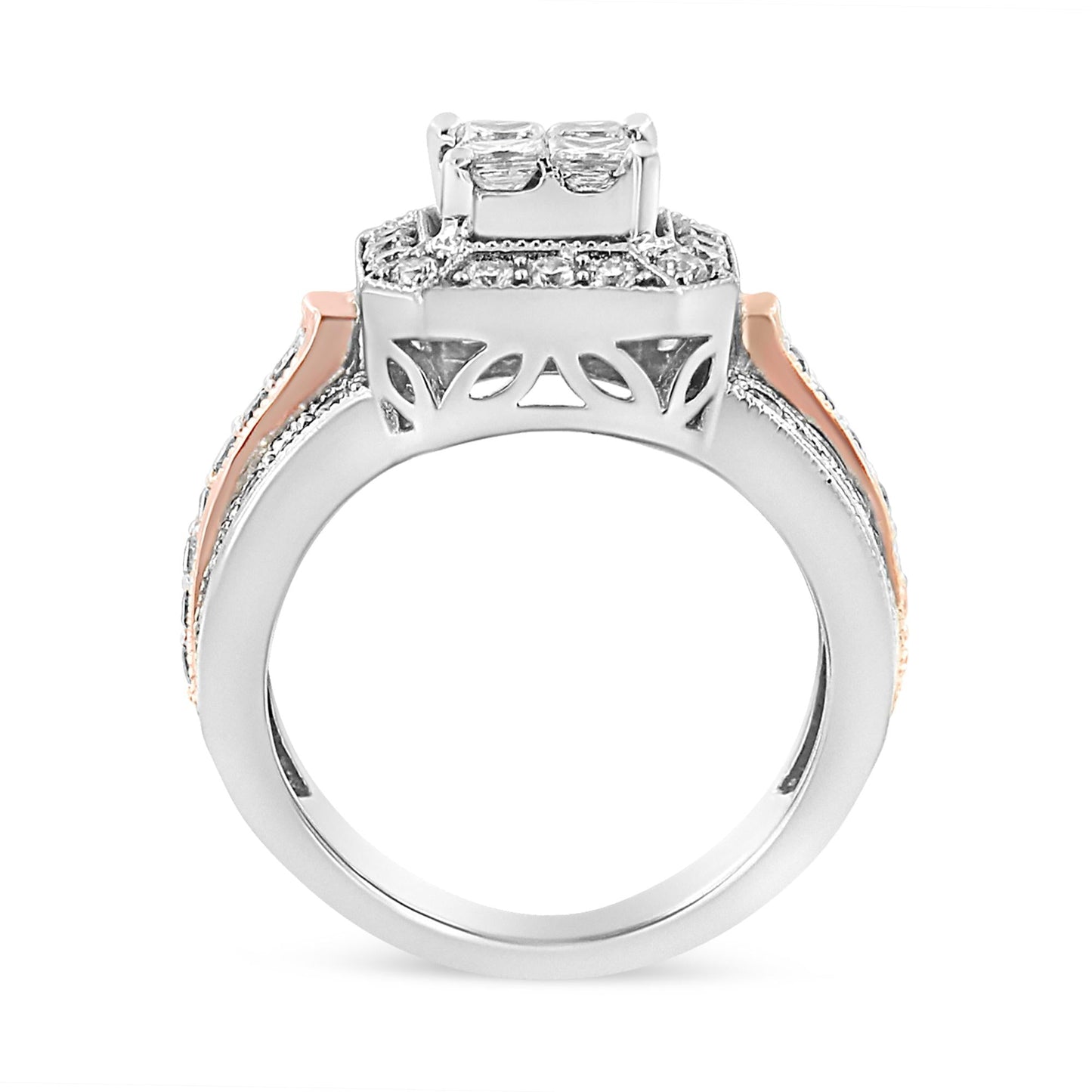 14K White and Rose Gold 1 1/8 Cttw Princess and Round-Cut Diamond Art