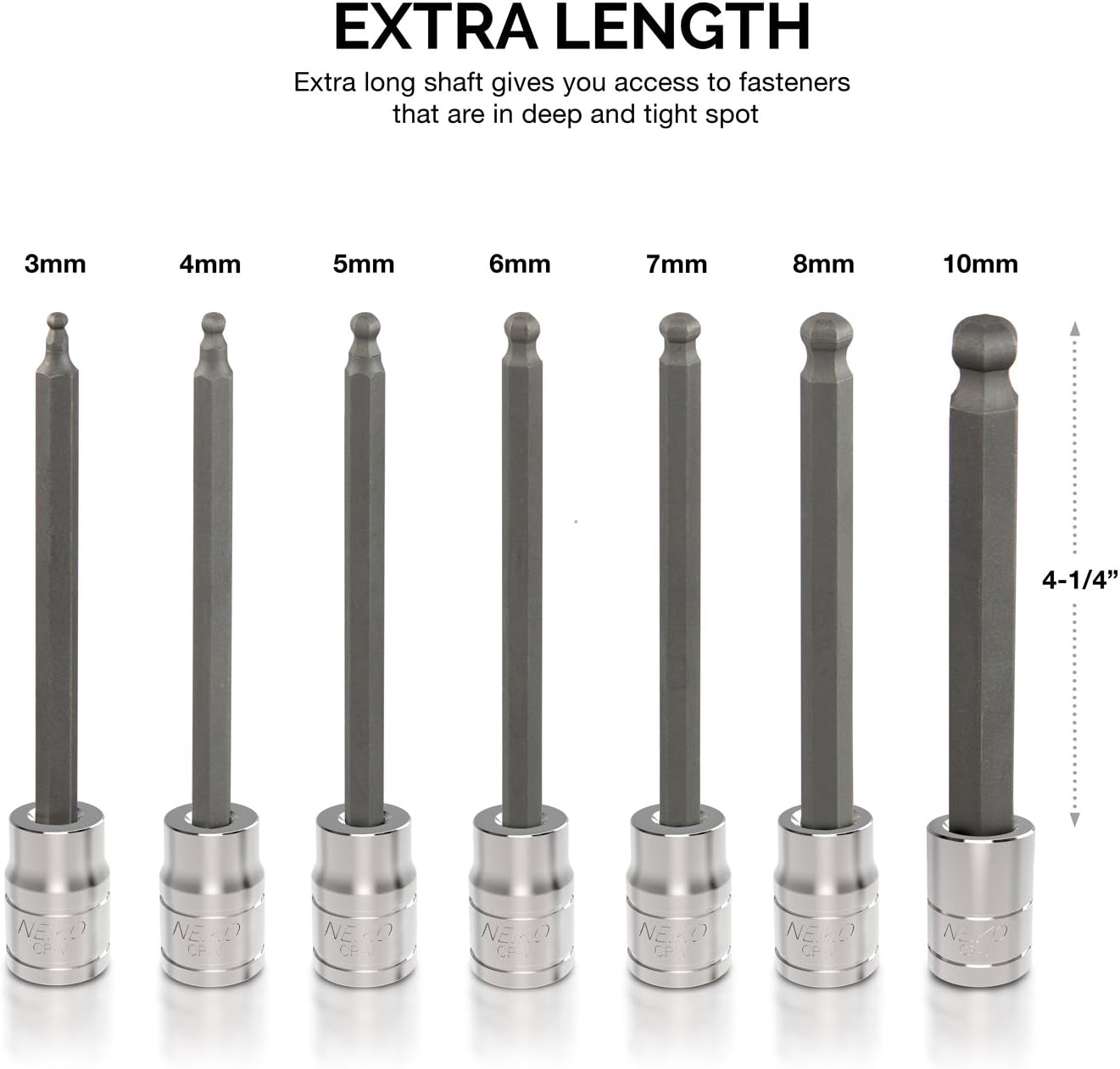 10243A 3/8-Inch-Drive Extra-Long Ball-End Hex-Bit Socket Set, Metric Sockets 3/8" or 3 to 10 Mm, S2 Steel, 7-Piece Set