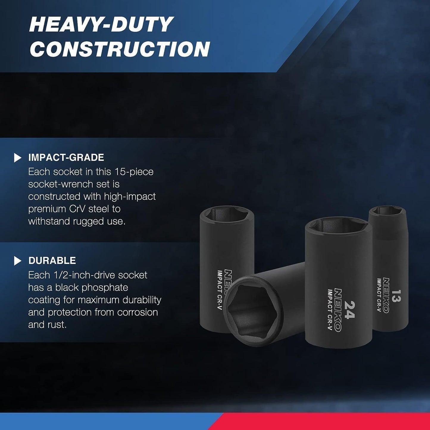 02474A 1/2" Impact Socket Set, 15 Piece Metric Socket Set 10-24 Mm, Deep Sockets, 6 Point, 1/2” Drive Sockets for 1/2" Impact Wrench, Chrome Vanadium Cr-V