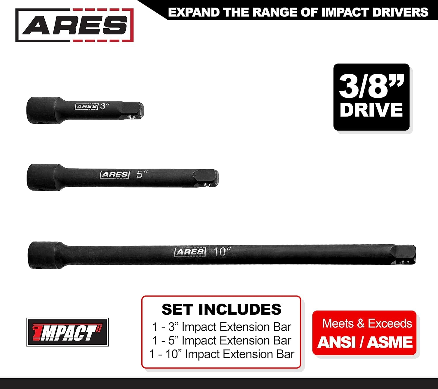 70032-3/8-Inch Drive Impact Extension Bar Set - 3-Inch, 5-Inch, and 10-Inch Laser Etched Socket Extensions Expand the Range of Impact Drivers