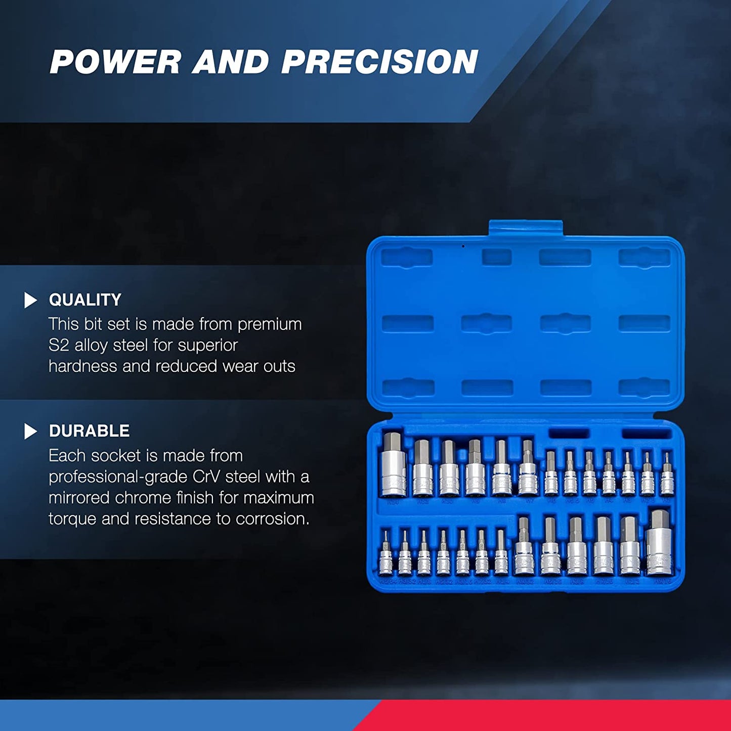 01144A Tamper-Proof Hex Bit Socket Set, 26 Pieces | SAE (5/64-9/16”) and Metric (2-14MM)