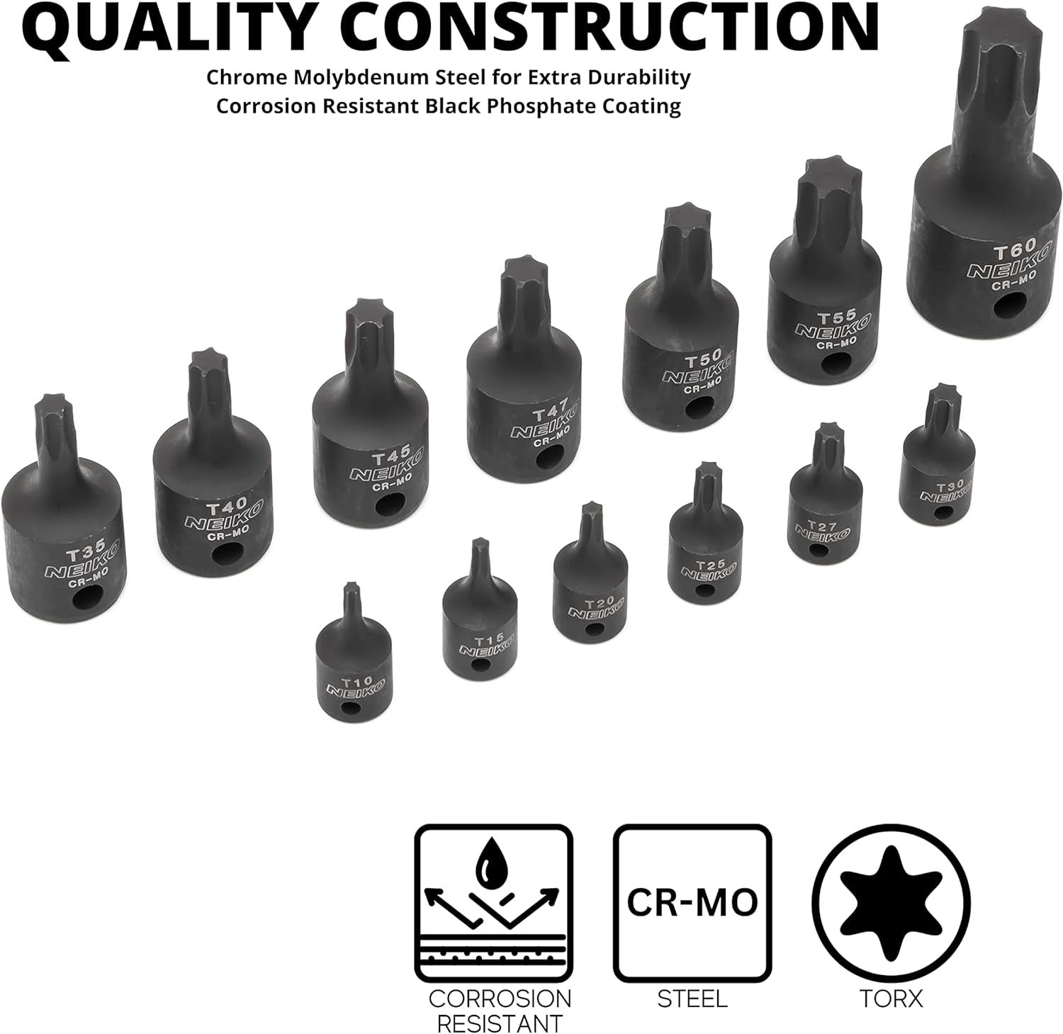 10281B Impact Torx Bit Socket Set, 1/4", 3/8", & 1/2" Drive, 6 Point Star Sockets, Heavy Duty Impact Grade Cr-Mo, T10 to T60 High Impact, Professional Grade Auto & Motorcycle Mechanic Socket Set