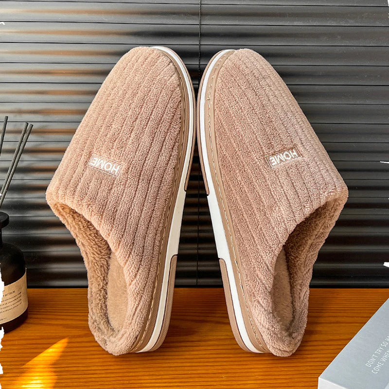 Elegant Solid Color Cotton Slippers for Winter - Non-Slip Plush Indoor Footwear for Couples and Women