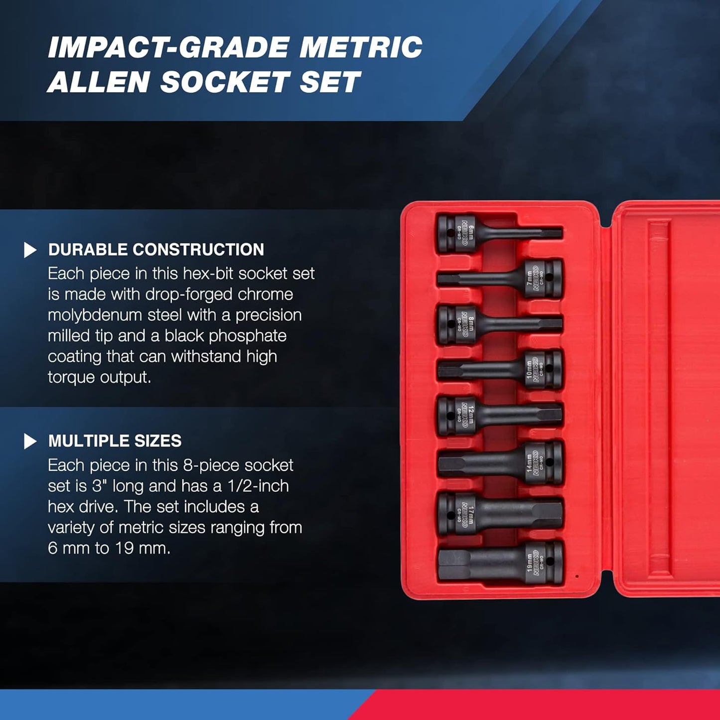 01136B 1/2-Inch Drive Allen Hex Impact Socket Set, Metric, 6 Mm - 19 Mm, Cr-Mo, 8-Piece