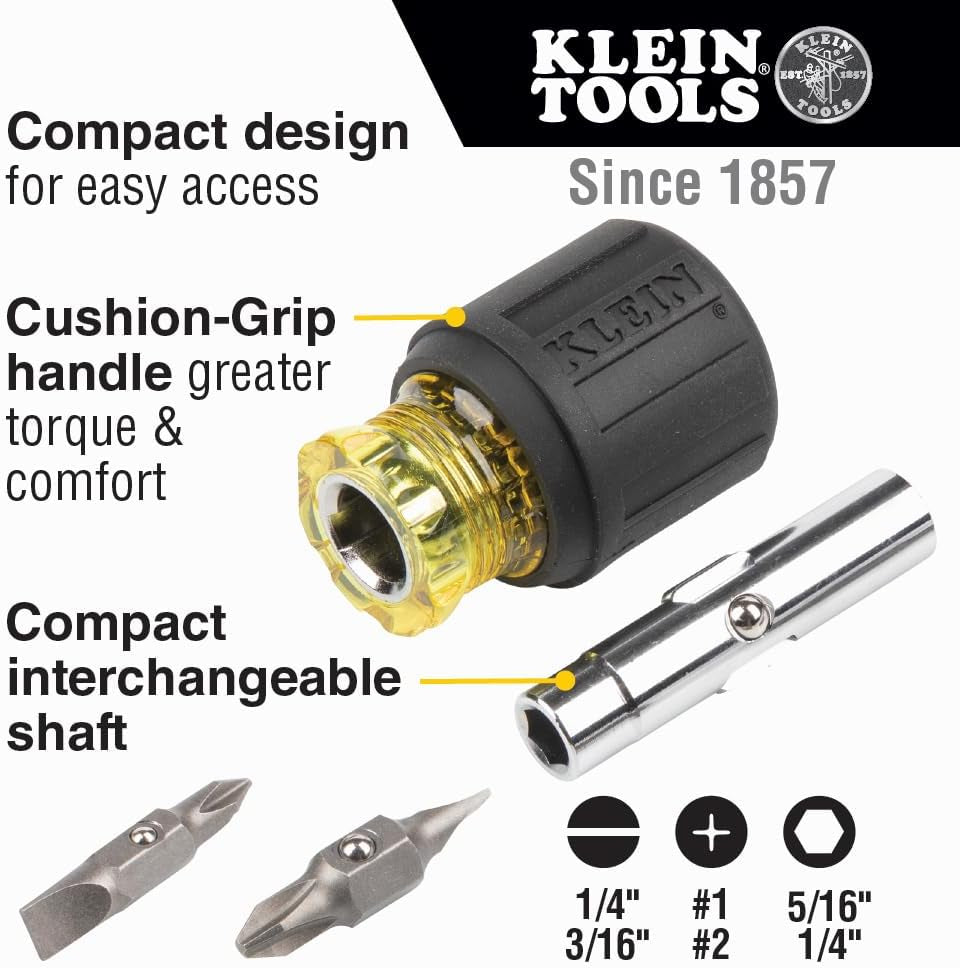 32561 Multi-Bit Screwdriver / Nut Driver, 6-In-1 Stubby Screwdriver with 2 Phillips, 2 Slotted Bits, 2 Nut Drivers