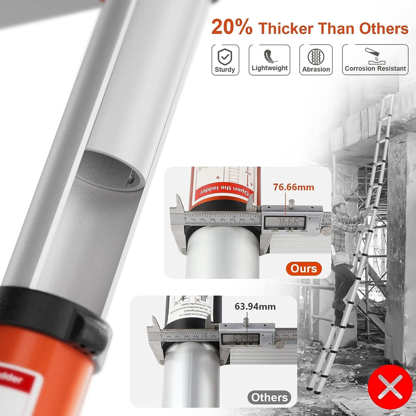 Telescoping Ladder Multi-Use Telescopic Extension Ladder One-Button Retraction Anti-Pinch and Anti-Slip 330 Lb Capacity (12.46 Feet)