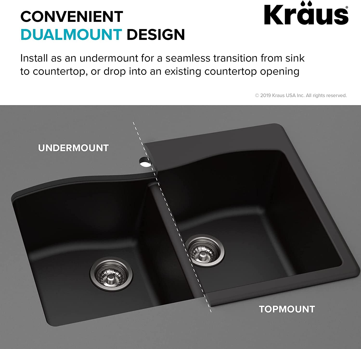 Forteza 33-Inch Drop In/Undermount 50/50 Double Bowl Granite Kitchen Sink in Black, KGD-52BLACK