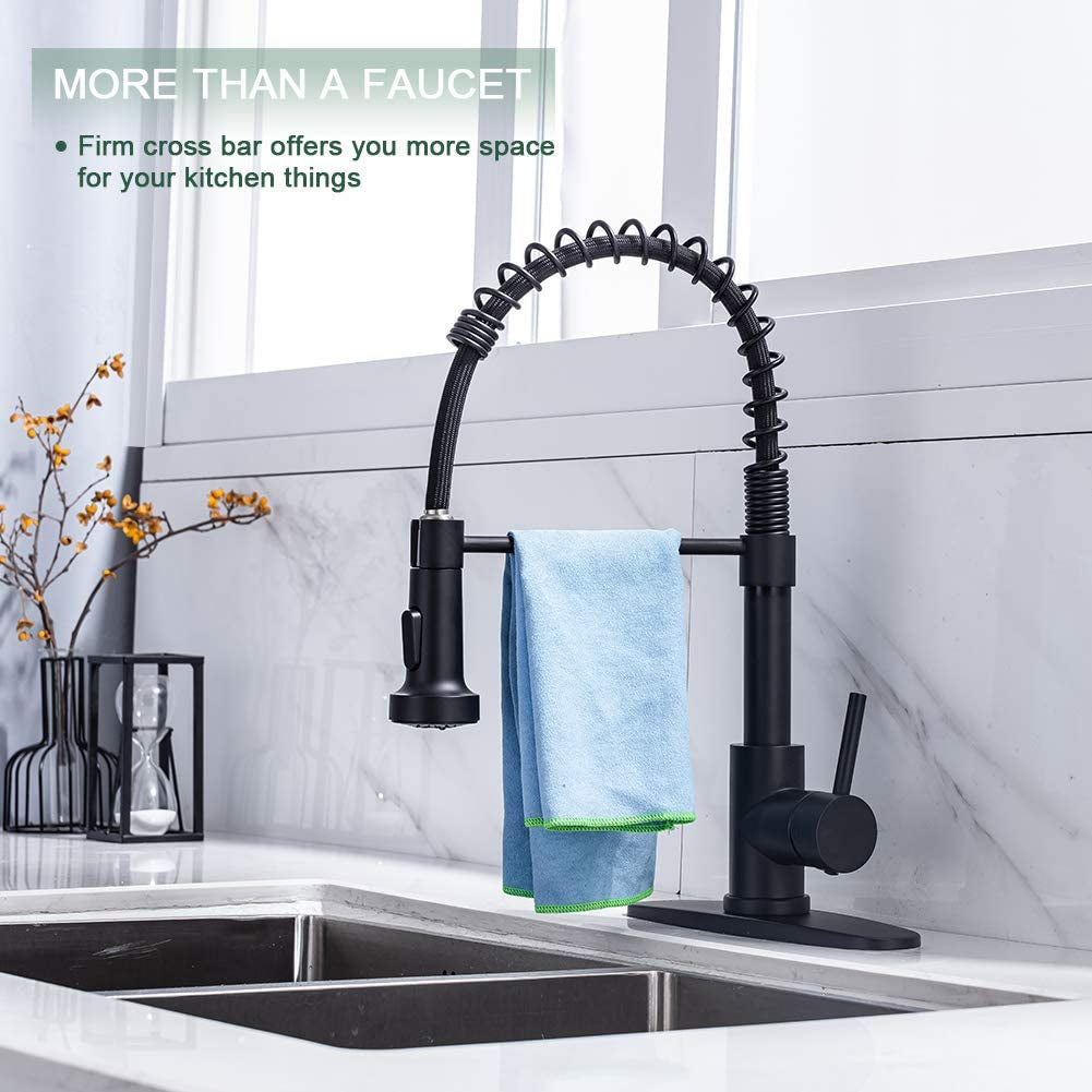 Kitchen Faucets with Pull down Sprayer Commercial Industrial Stainless Steel Single Handle Single Hole Spring Farmhouse RV Sink Faucet, Matte Black Kitchen Faucet for Laundry Utility Room Sink