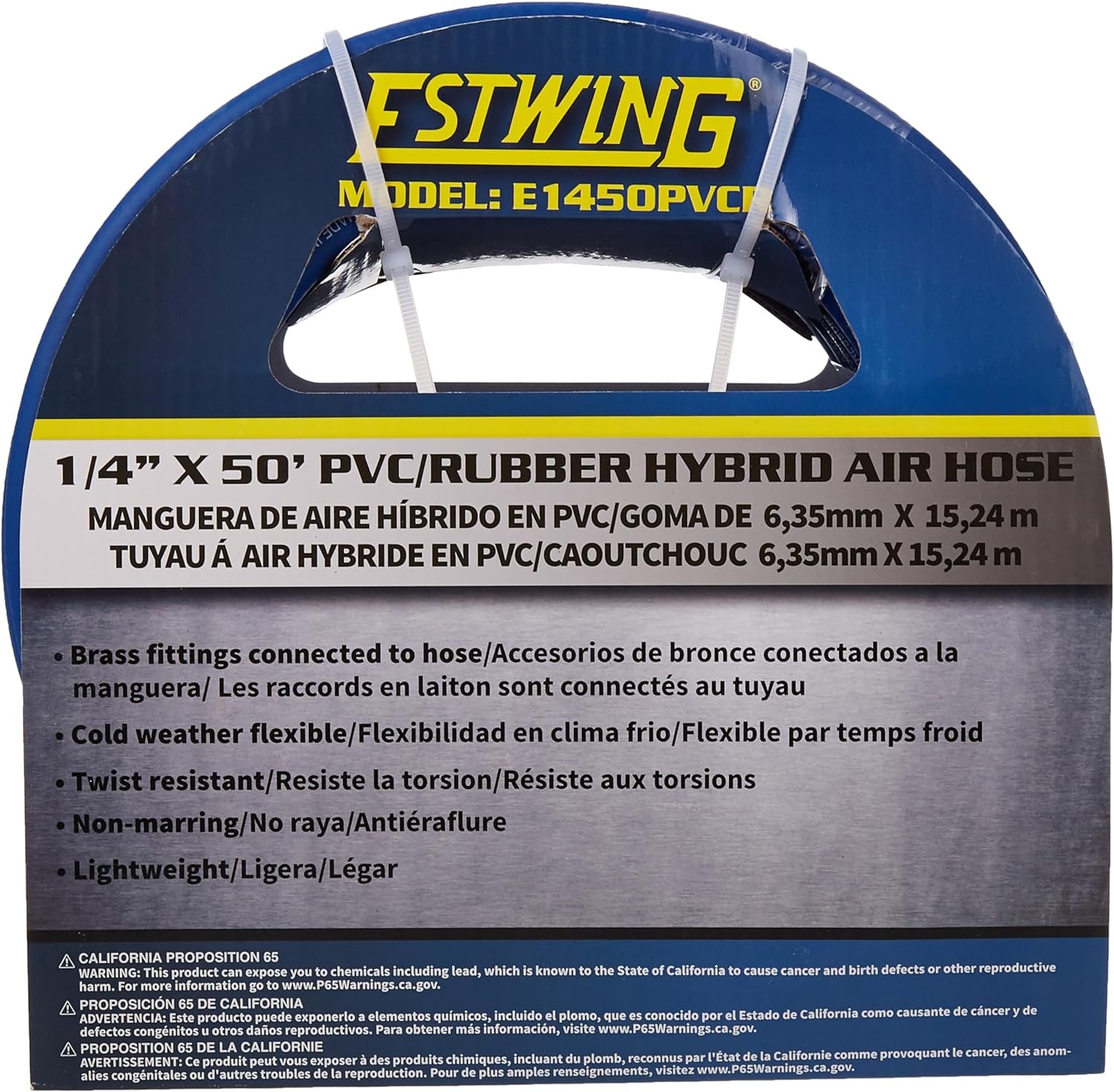 E1450PVCR 1/4" X 50' PVC / Rubber Hybrid Air Hose with Brass 1/4" NPT Industrial Fitting and Universal Quick Connect Coupler