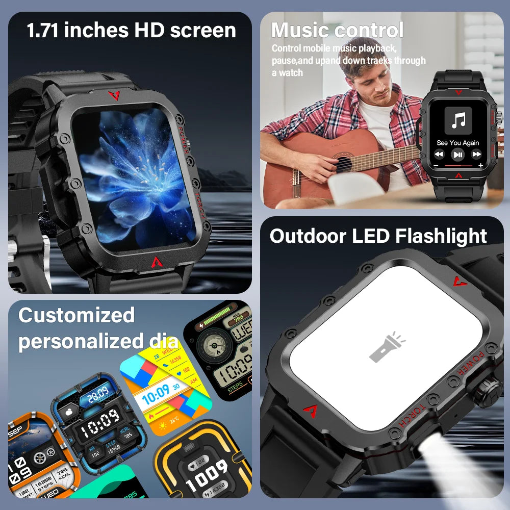 LAXASFIT Men Sports Smart Watch 1.71 Screen Blood Oxygen Bluetooth Talking Watch Multi Sport LED Flashlight Outdoor Smart Watch