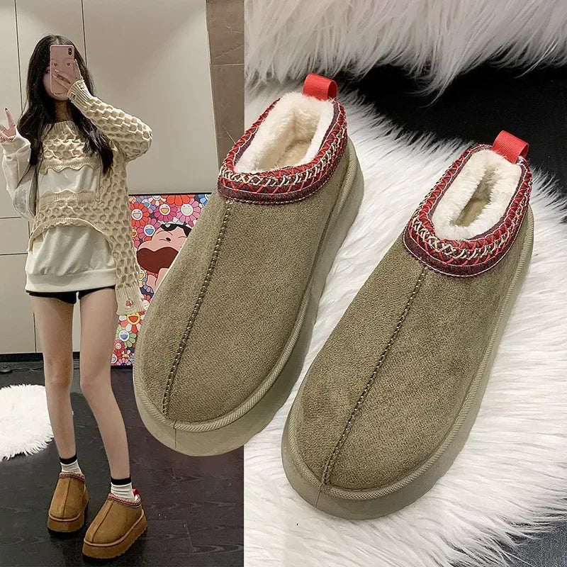 Snow Boots for Women 2023 Winter New Cashmere Warm Thick Soles Without Heel-covered Hair Half Slipper Cotton Shoes for Women