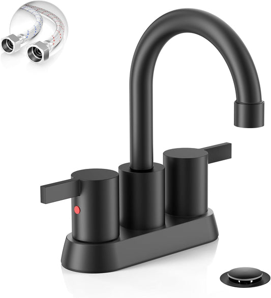 4 Inch 2 Handle Centerset Matte Black Lead-Free Modern Bathroom Faucet, 360 Swivel Spout 2-3 Hole RV Bathroom Vanity Sink Faucet with Pop up Drain and Water Supply Lines，Bf015-1-Mb