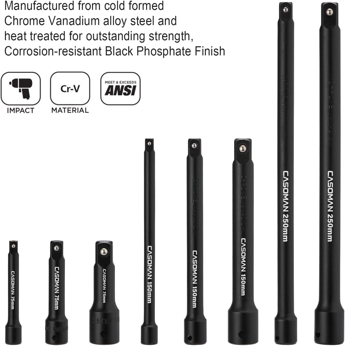 18-Piece Drive Tool Accessory Set, Premium CR-V Steel with Black Phosphate Finish, Includes Socket Adapters, Extensions and Universal Joints and Impact Coupler, Professional Socket Accessories