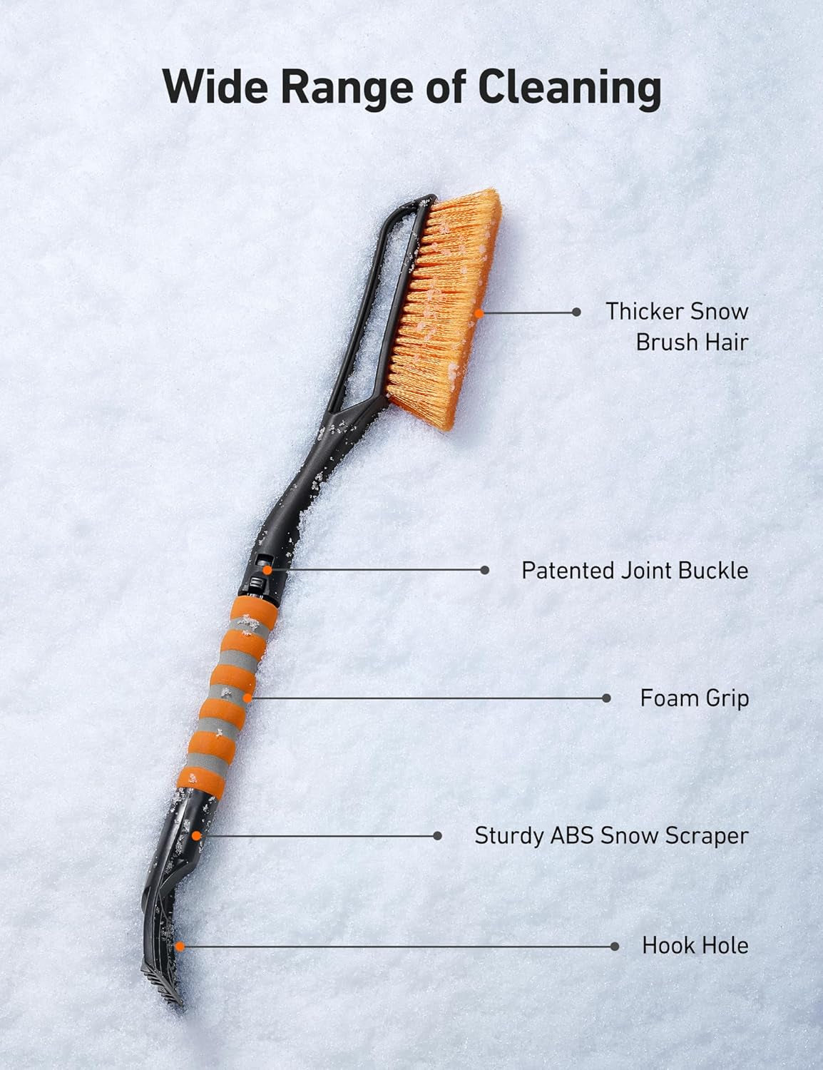 27" Snow Brush and Ice Scrapers for Car Windshield, Detachable Snow Scrapers with Ergonomic Foam Grip for Cars, Trucks, Suvs (Heavy Duty ABS, PVC Brush, Orange)