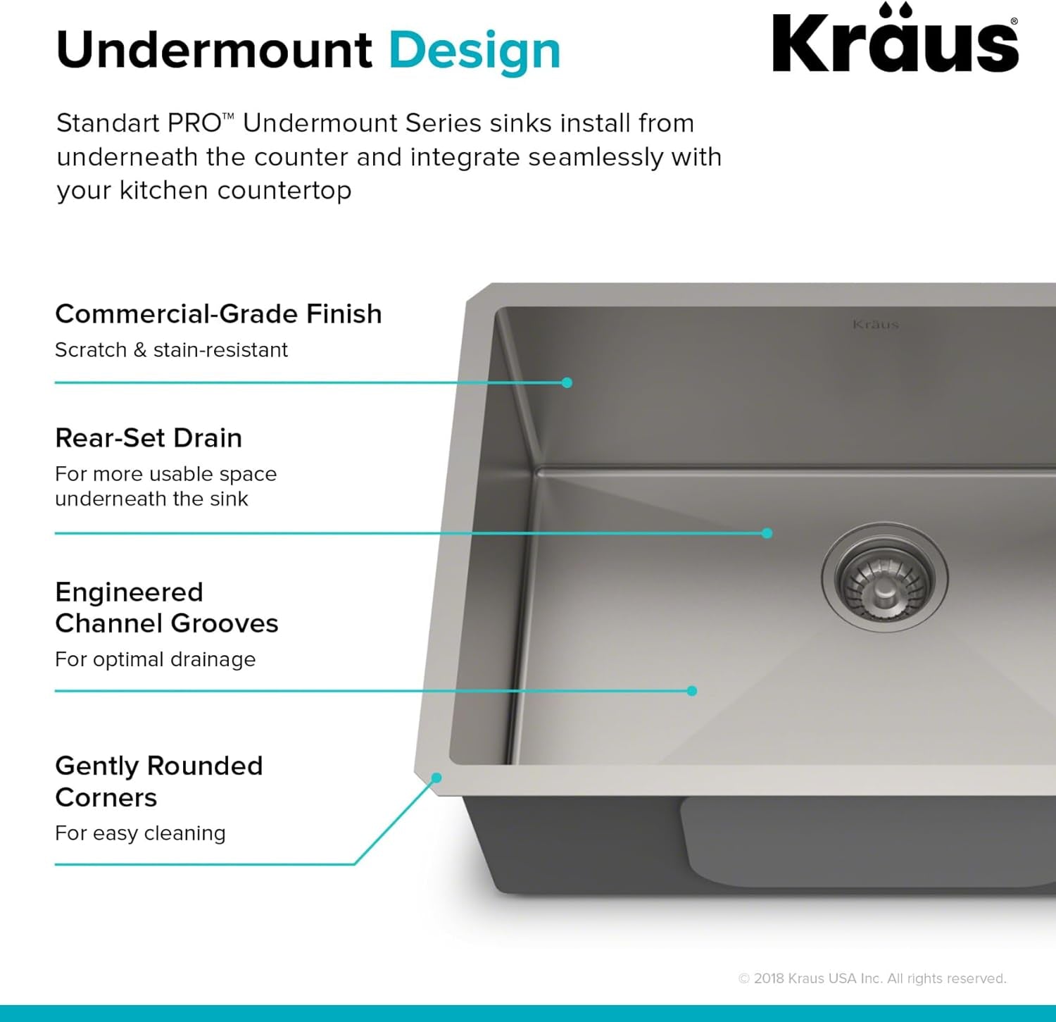 Standart PRO 28-Inch 16 Gauge Undermount Single Bowl Stainless Steel Kitchen Sink, KHU100-28