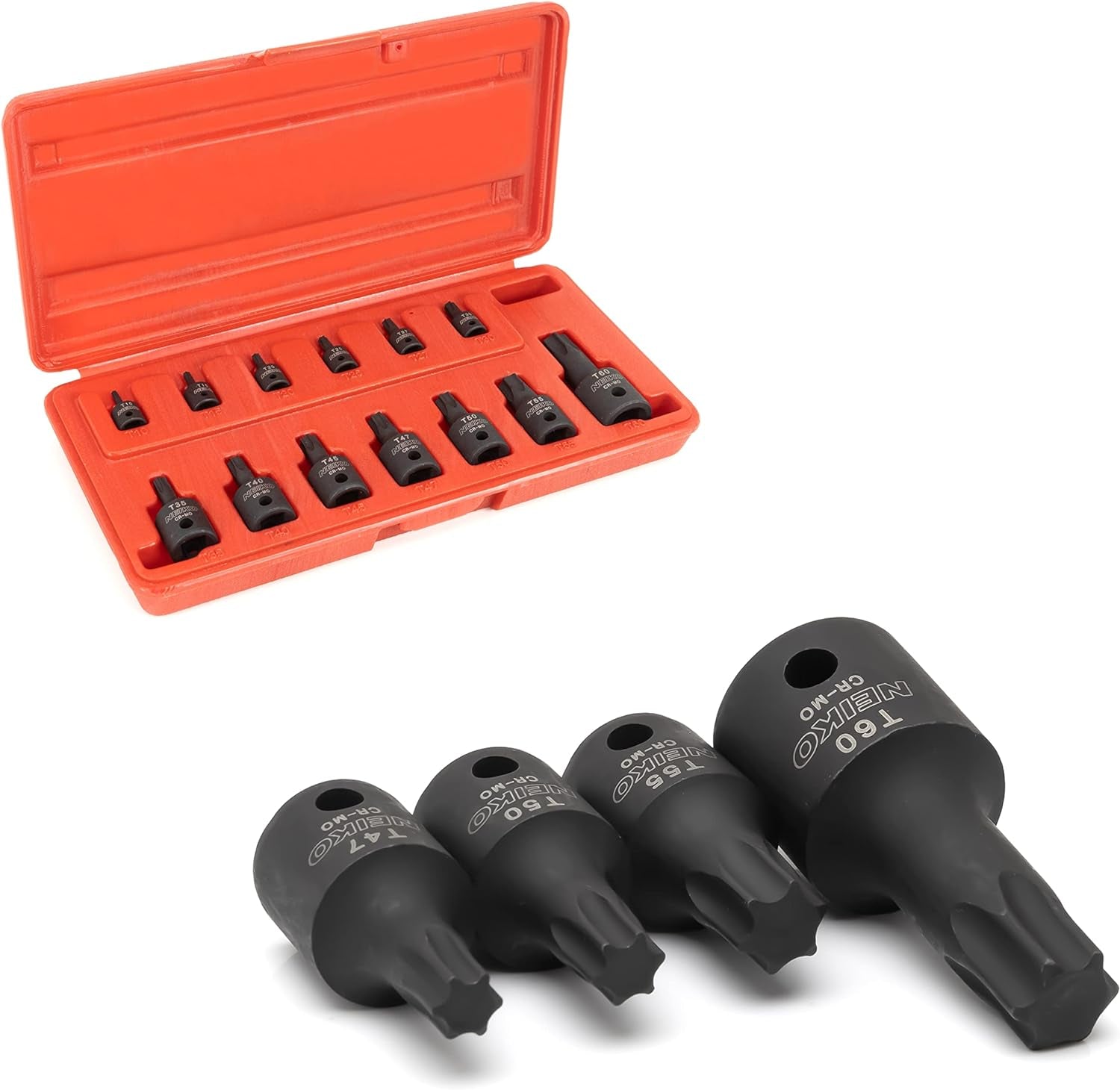 10281B Impact Torx Bit Socket Set, 1/4", 3/8", & 1/2" Drive, 6 Point Star Sockets, Heavy Duty Impact Grade Cr-Mo, T10 to T60 High Impact, Professional Grade Auto & Motorcycle Mechanic Socket Set