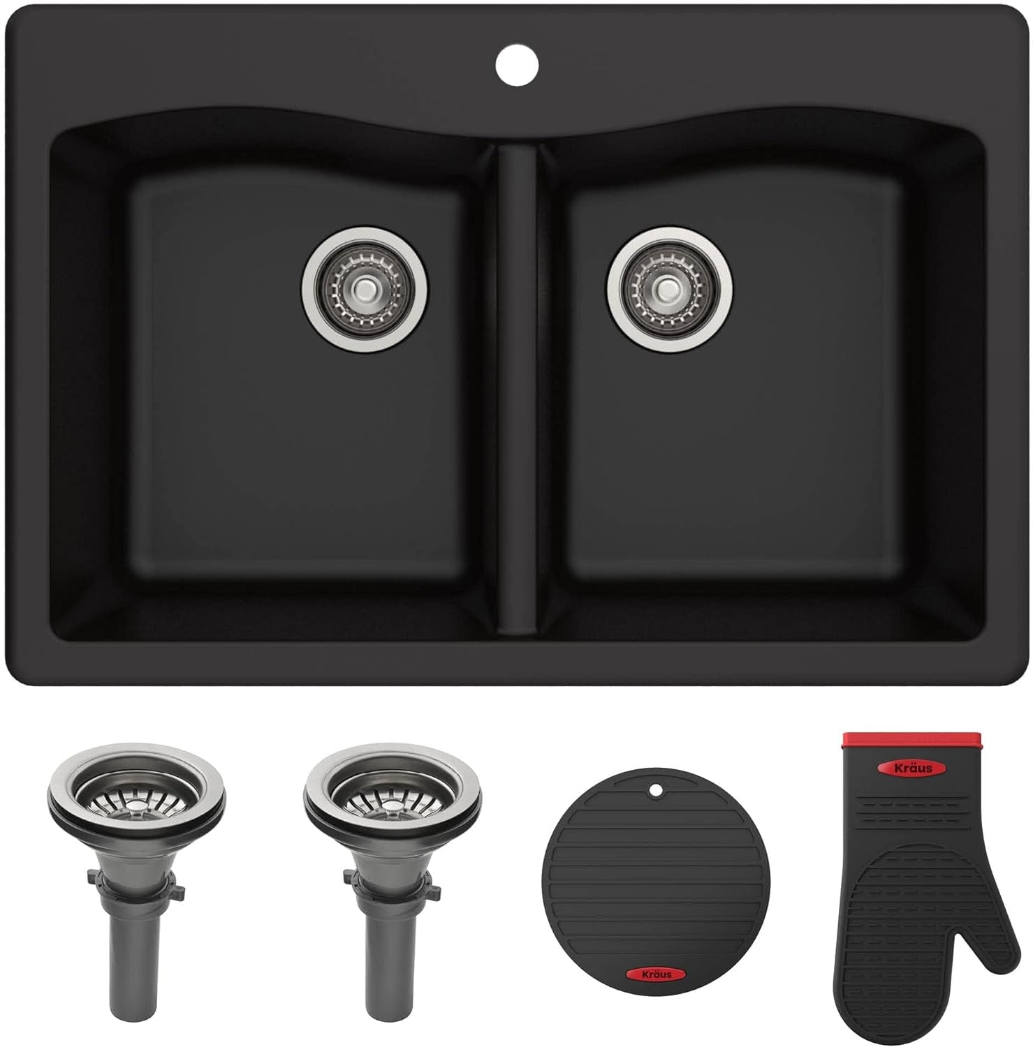 Forteza 33-Inch Drop In/Undermount 50/50 Double Bowl Granite Kitchen Sink in Black, KGD-52BLACK