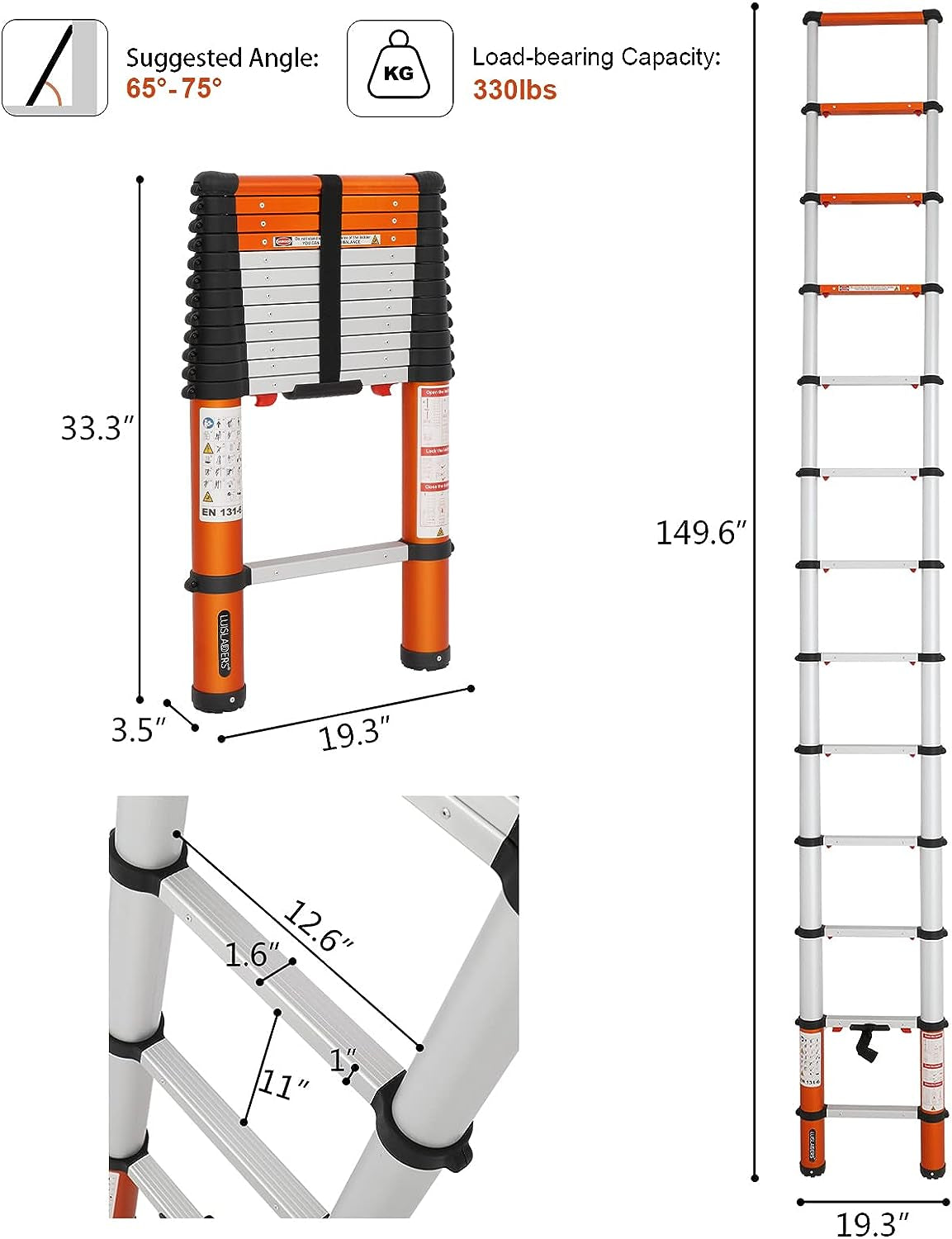 Telescoping Ladder Multi-Use Telescopic Extension Ladder One-Button Retraction Anti-Pinch and Anti-Slip 330 Lb Capacity (12.46 Feet)