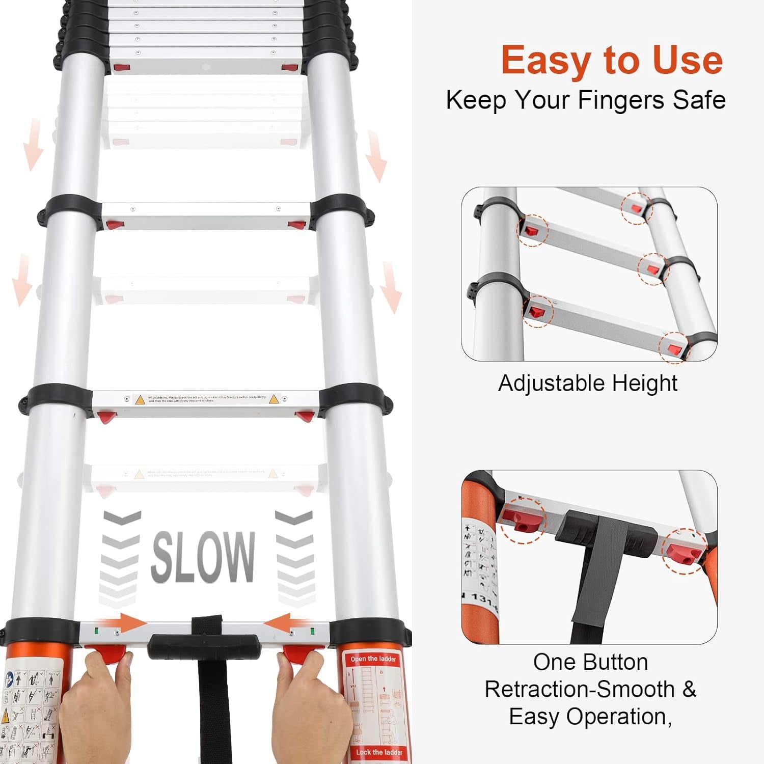 Telescoping Ladder Multi-Use Telescopic Extension Ladder One-Button Retraction Anti-Pinch and Anti-Slip 330 Lb Capacity (12.46 Feet)