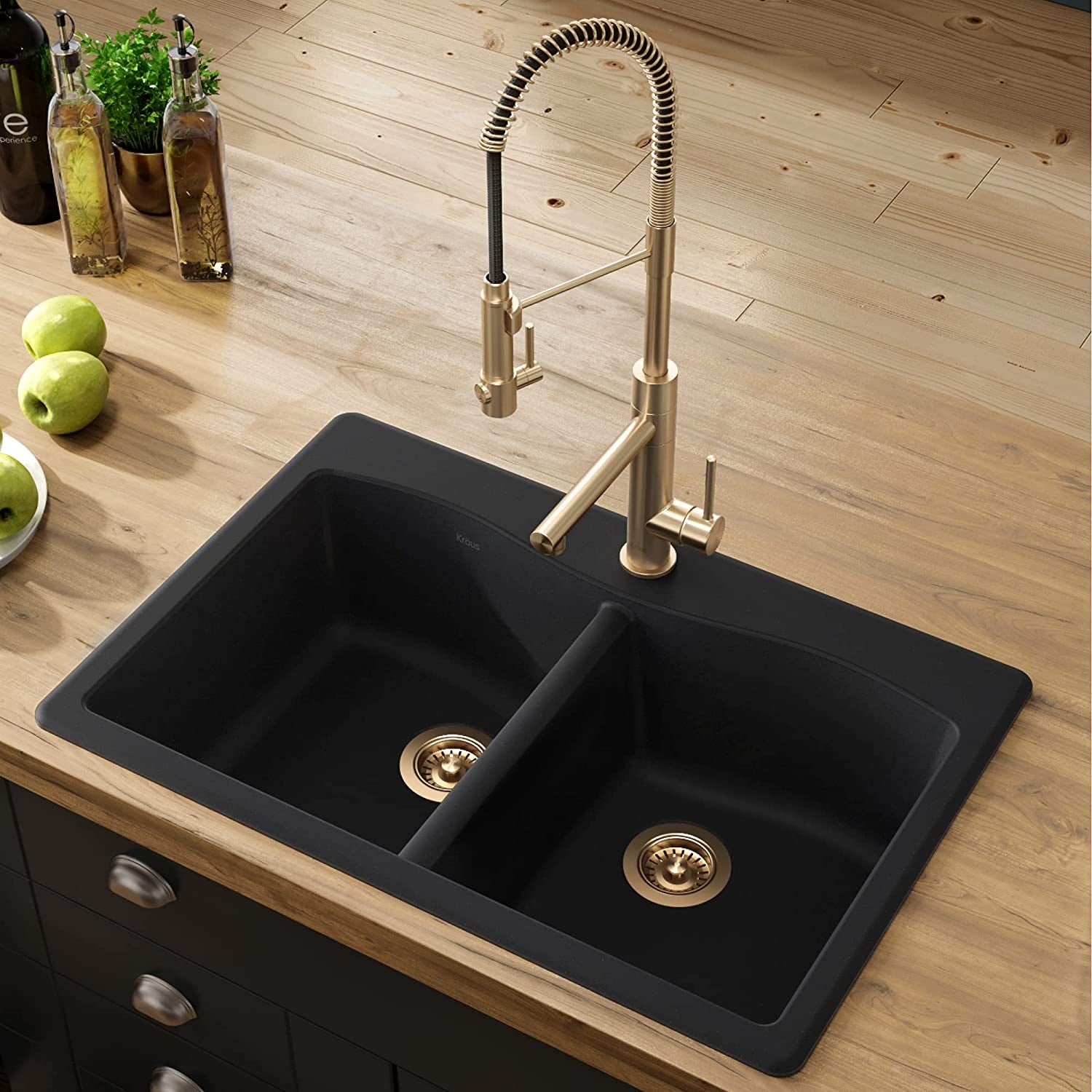 Forteza 33-Inch Drop In/Undermount 50/50 Double Bowl Granite Kitchen Sink in Black, KGD-52BLACK