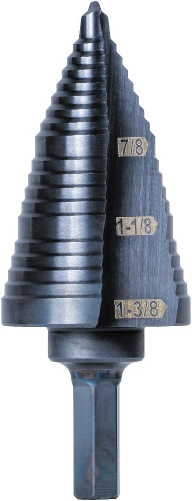 KTSB15 Step Drill Bit #15 Double Fluted 7/8 to 1-3/8-Inch with Easy-To-Read Step Markings and Targets, 3/8-Inch Hex Shank