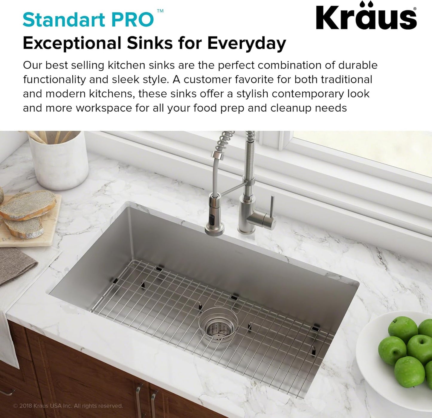 Standart PRO 28-Inch 16 Gauge Undermount Single Bowl Stainless Steel Kitchen Sink, KHU100-28