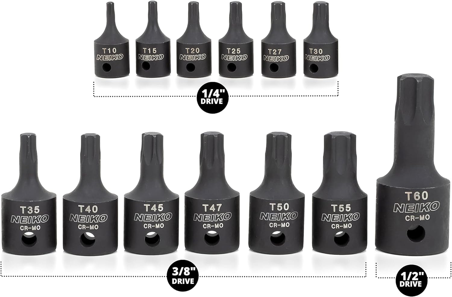 10281B Impact Torx Bit Socket Set, 1/4", 3/8", & 1/2" Drive, 6 Point Star Sockets, Heavy Duty Impact Grade Cr-Mo, T10 to T60 High Impact, Professional Grade Auto & Motorcycle Mechanic Socket Set