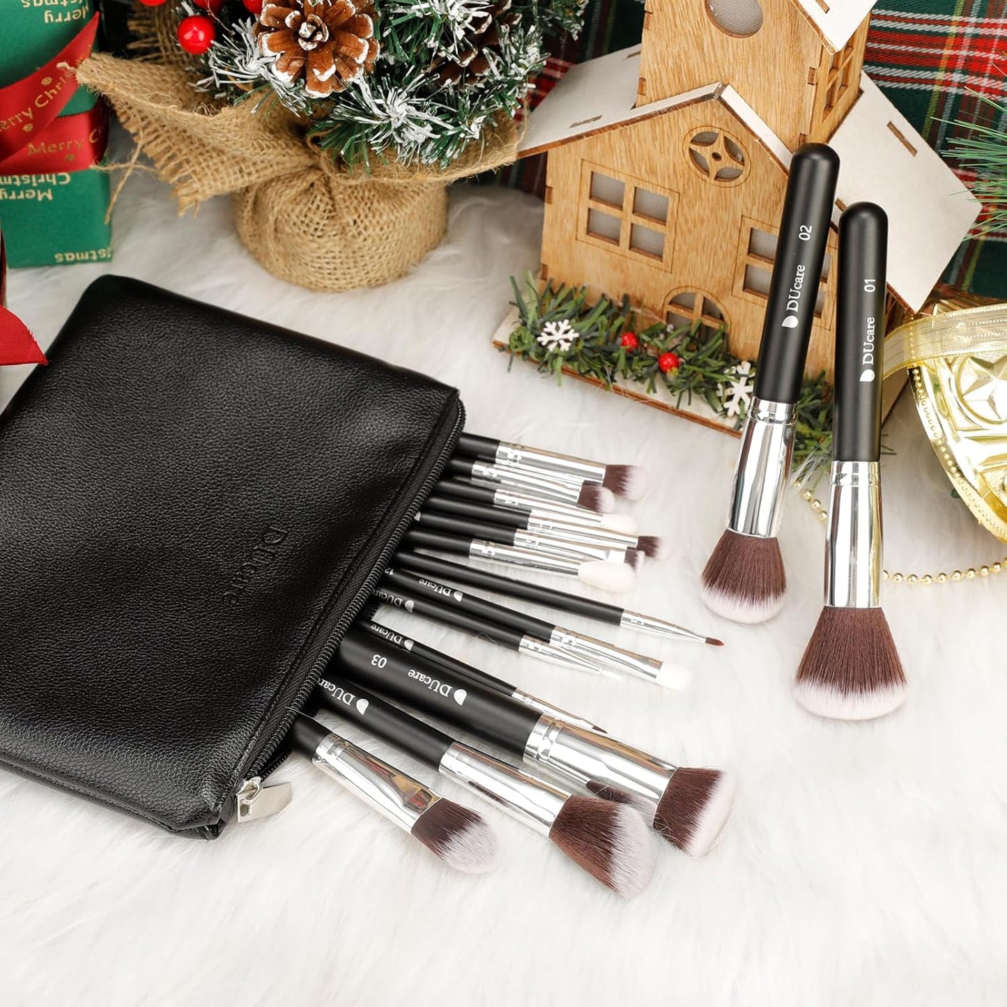 Makeup Brushes with Bag,15Pcs Makeup Brush Set Christmas Gift Travel Kabuki Foundation Blending Blush Eyeliner Shadow Brow Concealer Brushes Kit Black