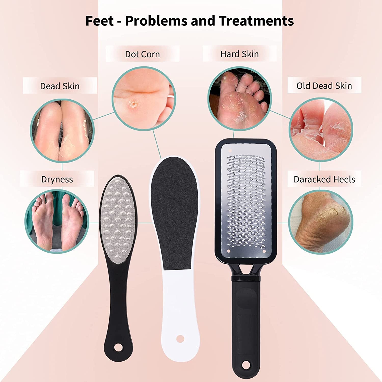 Professional Foot Scrubber for Hard Skin - Pack 3 Pedicure Foot File, Foot Scraper & Callus Remover for Feet Leaving Soft & Smooth Heels