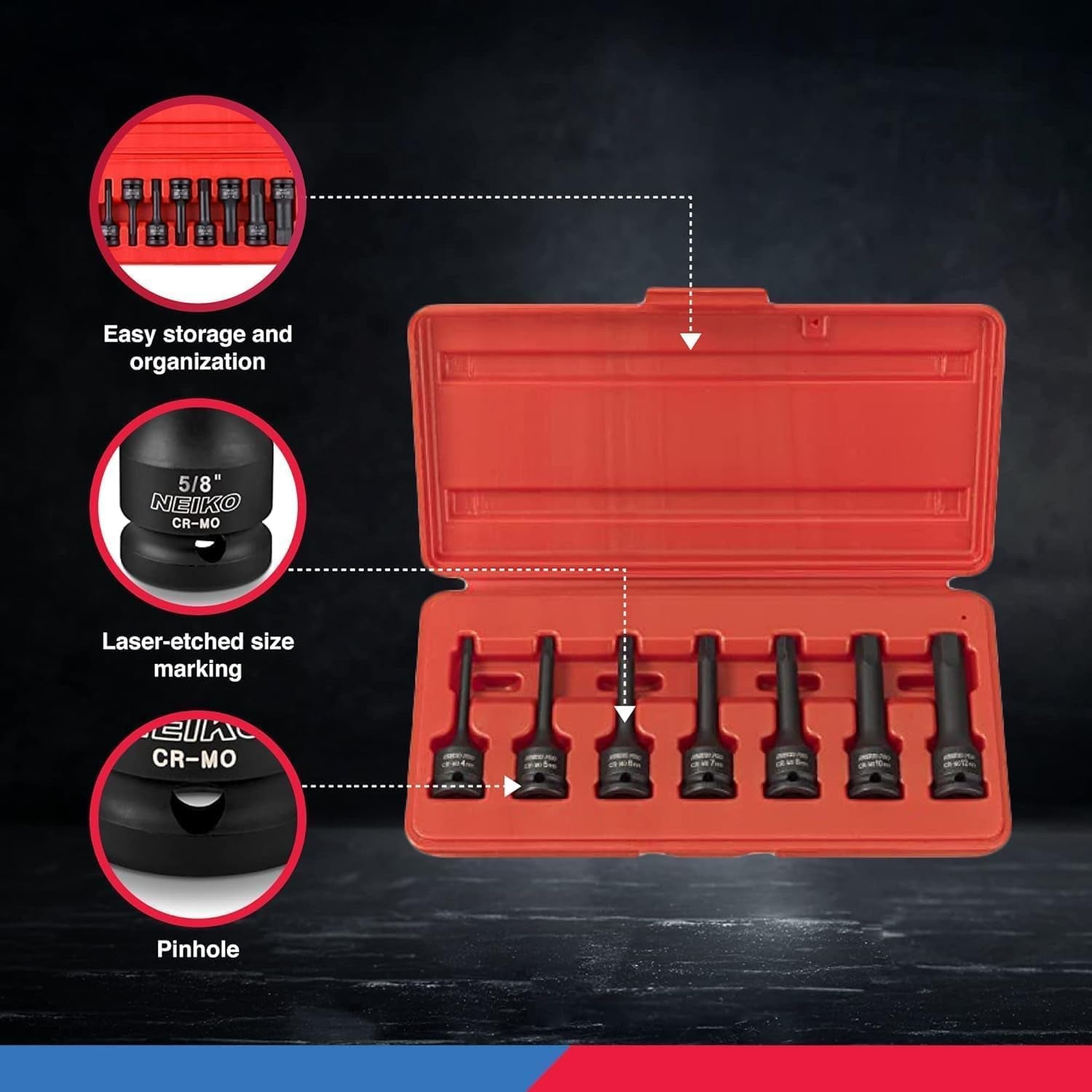 01130B 3/8" Drive Allen Socket Set, 7 Piece, 3 Inch, 3/8” Impact Hex Bit Socket Set, Metric Hex Driver 4 Mm to 12 Mm, Chrome-Moly Cr-Mo Impact Grade