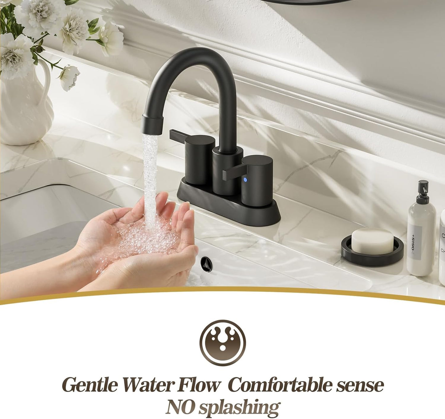 4 Inch 2 Handle Centerset Matte Black Lead-Free Modern Bathroom Faucet, 360 Swivel Spout 2-3 Hole RV Bathroom Vanity Sink Faucet with Pop up Drain and Water Supply Lines，Bf015-1-Mb