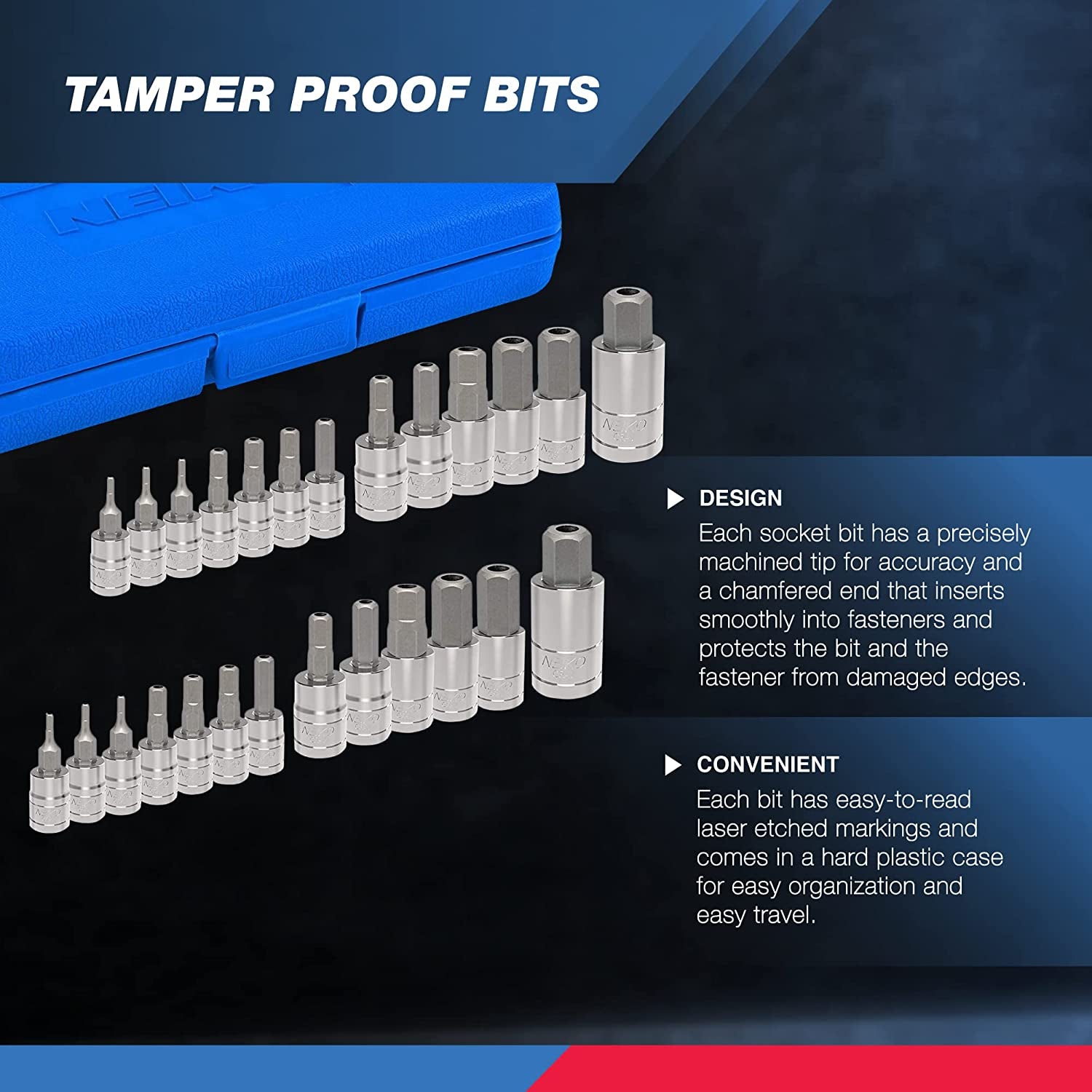 01144A Tamper-Proof Hex Bit Socket Set, 26 Pieces | SAE (5/64-9/16”) and Metric (2-14MM)