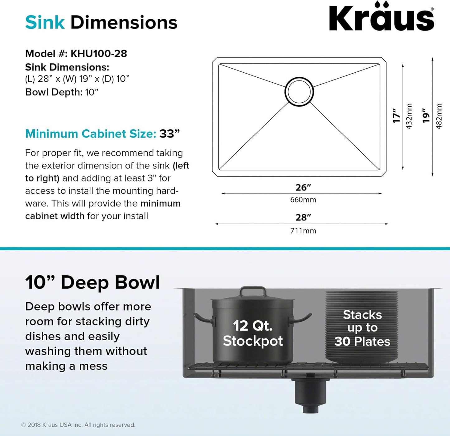 Standart PRO 28-Inch 16 Gauge Undermount Single Bowl Stainless Steel Kitchen Sink, KHU100-28