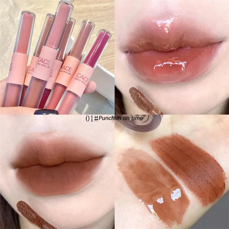 Double End Lip Glaze Full Gloss Mirror And Matte Velvet Long Term Color And Moisture Lip Gloss Anti Stain Cosmetic Lip Glaze